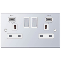 Selectric DSL361 5M 2 Gang 13A Switched Socket Outlet with 2x USB Type-A (2.1A/1A) - Polished Chrome, White Insert