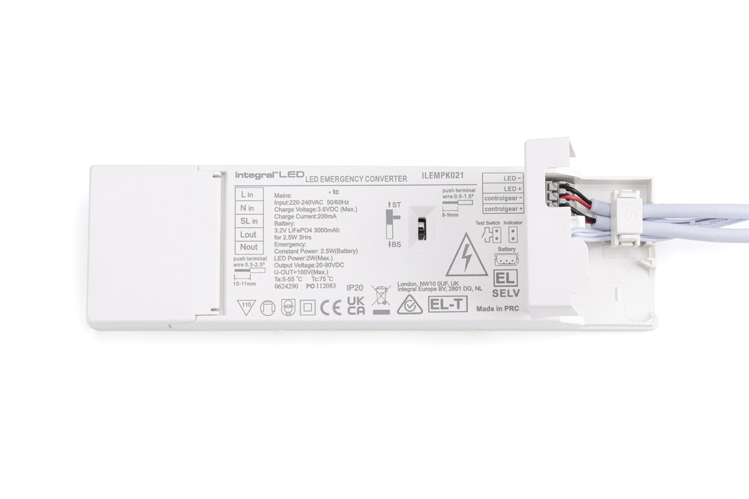 Integral ILEMPK021 Quick Fit Emergency Conversion Kit Manual/Self Test Switchable With Prewired Male-Female Quick Connectors 2.5W 20-90Vdc LiFePO4 3Hr with Remote LED Indicator