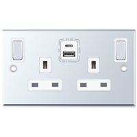 Selectric 7MPRO-386 7M-PRO 2 Gang 13A Switched SP Socket Outlet (Outboard Rockers) + 2 Earth Terminal with 1x USB Type-A (2.4A) & 1x USB Type-C (3A) - Polished Chrome, White Insert
