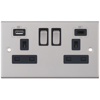 Selectric DSL263 5M 2 Gang 13A Switched Socket Outlet with 1x USB Type-A (2.4A) & 1x USB Type-C (3A) - Satin Chrome, Black Insert