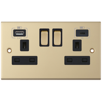 Selectric DSL863 5M 2 Gang 13A Switched Socket Outlet with 1x USB Type-A (2.4A) & 1x USB Type-C (3A) - Satin Brass, Black Insert