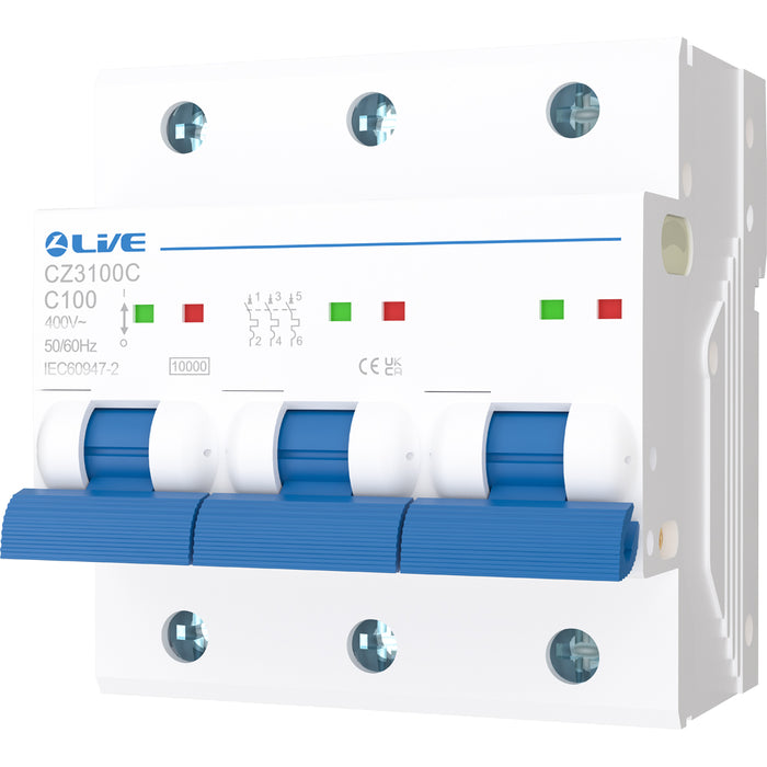 LIVE Electrical CZ3100C Triple Pole 100A C Curve 10kA MCB