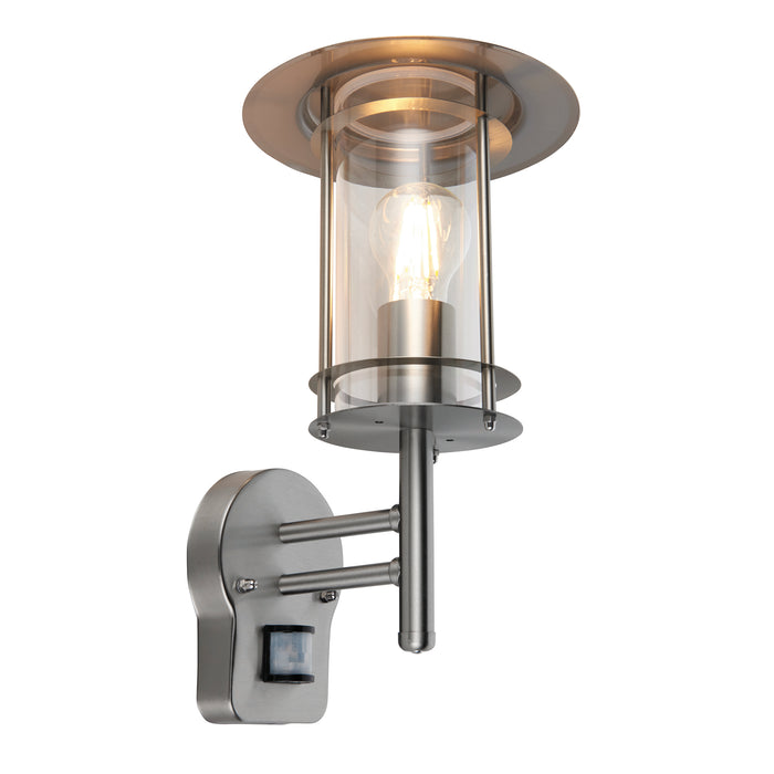 Saxby 4479782 York PIR 1lt wall IP44 15W Polished stainless steel & clear pc 15W LED E27 (Required) - westbasedirect.com