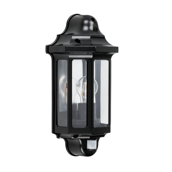 Saxby 1818PIR Traditional PIR half lantern IP44 15W Satin black paint & clear pc 15W LED E27 (Required) - westbasedirect.com