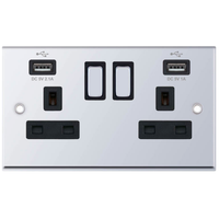 Selectric 7MPRO-561 7M-PRO 2 Gang 13A Switched Socket Outlet with 2x USB Type-A (2.1A/1A) - Polished Chrome, Black Insert