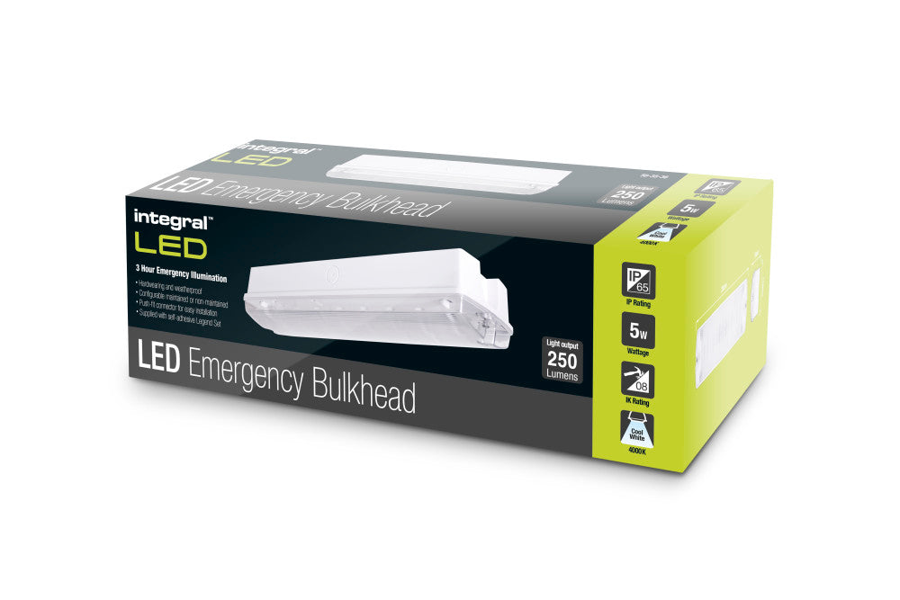 Integral ILEMBH026 IP65 LED Emergency Bulkhead 4.5W 250lm 3hr Non-Maintained 4000K including Legends