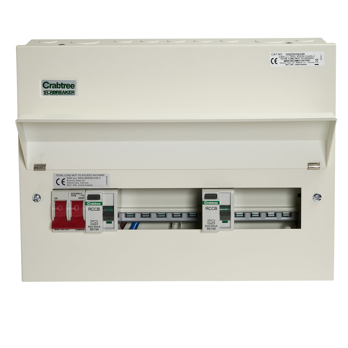Crabtree 509/2835834B Starbreaker 9 Way (5+4) Dual RCD Consumer Unit w ...