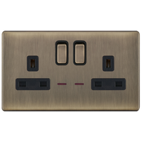 Selectric 5MPLUS-624 5M-PLUS Screwless 2 Gang 13A Switched DP Socket Outlet with Neon - Antique Brass, Black Insert