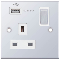 Selectric DSL360 5M 1 Gang 13A Switched Socket Outlet with 1x USB Type-A (2.1A) - Polished Chrome, White Insert