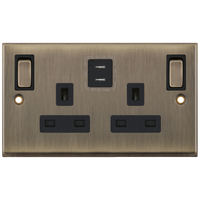Selectric 7MPRO-668 7M-PRO 2 Gang 13A Switched Socket Outlet with 2x USB Type-C (3A) - Antique Brass, Black Insert