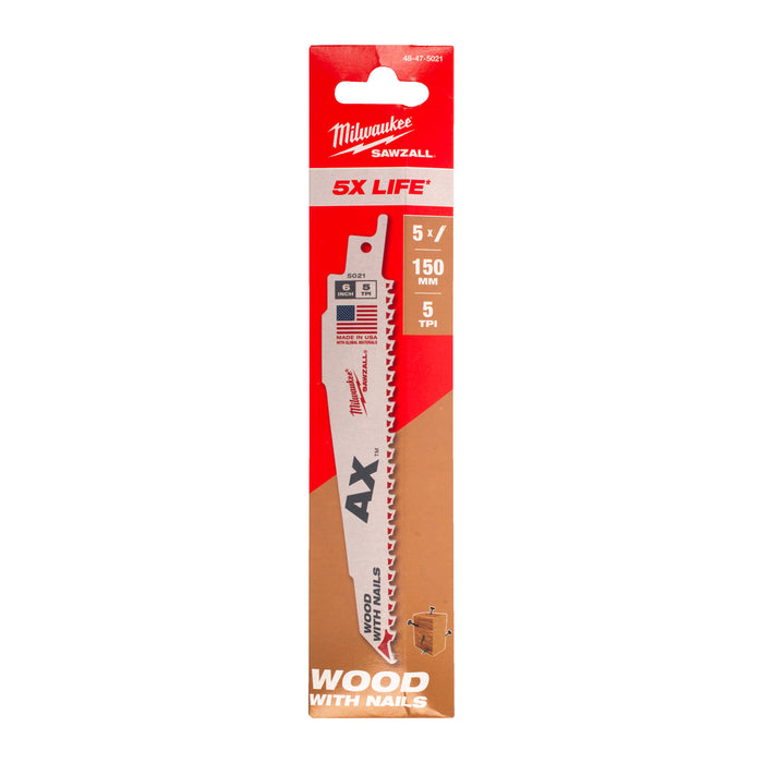 Milwaukee 48475021 SAWZALL 150mm 5TPi Wood with Nails Heavy Duty Demolition Saw Blade - Pack of 5 - westbasedirect.com