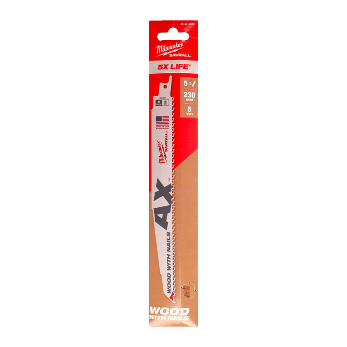 Milwaukee 48475026 SAWZALL 230mm 5TPi Wood with Nails Heavy Duty Demolition Saw Blade - Pack of 5 - westbasedirect.com