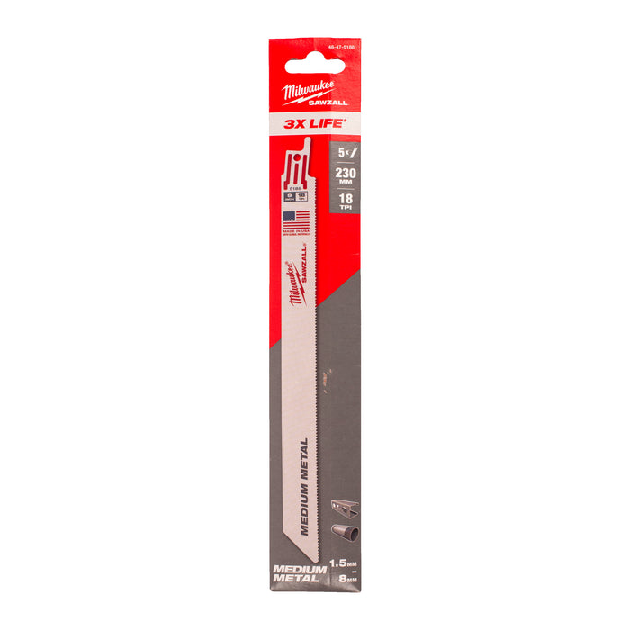 Milwaukee 48475188 SAWZALL 230mm 18TPi Metal Thin Kerf Reciprocating Saw Blade - Pack of 5 - westbasedirect.com