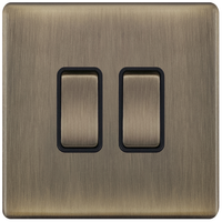 Selectric 5MPLUS-602 5M-PLUS Screwless 2 Gang 2 Way 10AX Plate Switch - Antique Brass, Black Insert