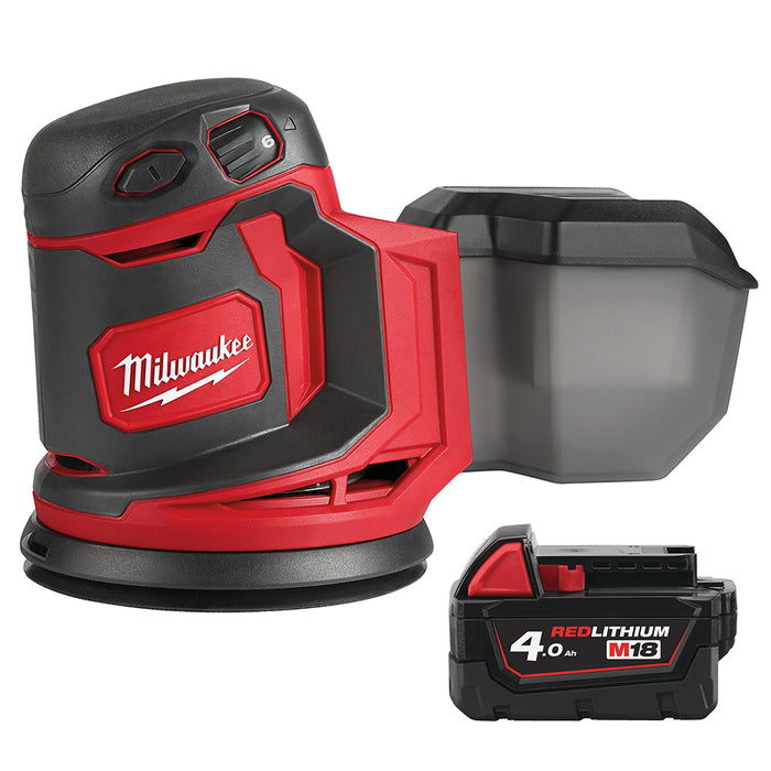 Milwaukee M18BOS125-0+M18B4 Kit - 18V Cordless 125mm Random Orbit Sander + M18B4 4.0Ah Li-ion Battery