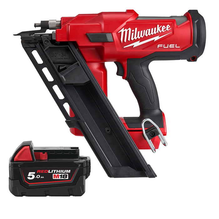 Milwaukee M18FFN-502C+M18B5 Kit - 18V FUEL Brushless 34 Degree Framing Nailer + M18B5 5.0Ah Li-ion Battery & Case