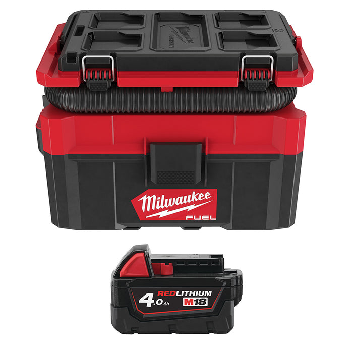 Milwaukee M18FPOVCL-0+M18B4 Kit - 18V FUEL PACKOUT Brushless Wet & Dry Vacuum + M18B4 4.0Ah Li-ion Battery