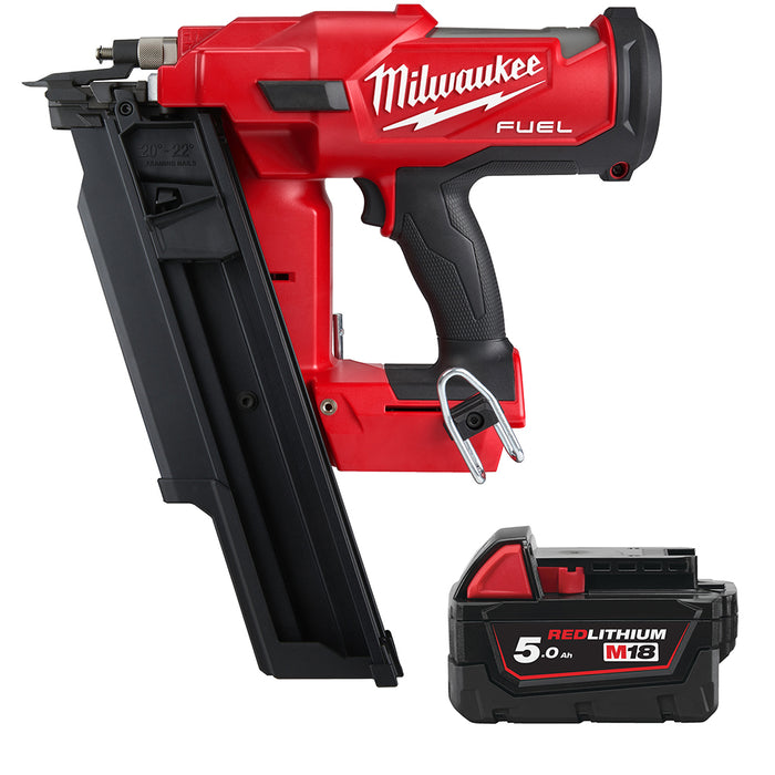 Milwaukee M18FFN21-0C+M18B5 Kit - 18V FUEL Brushless 21 Degree Framing Nailer + M18B5 5.0Ah Li-ion Battery & Case