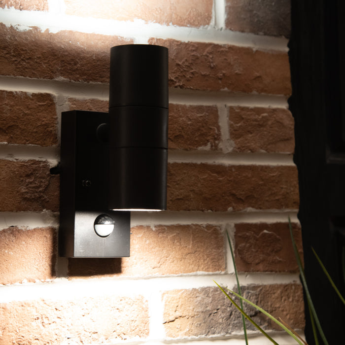 Lutec 5210702330 COASTAL IP44 GU10 Polycarbonate Outdoor Up/Down Wall Light with PIR - Black (Lamp Not Included)