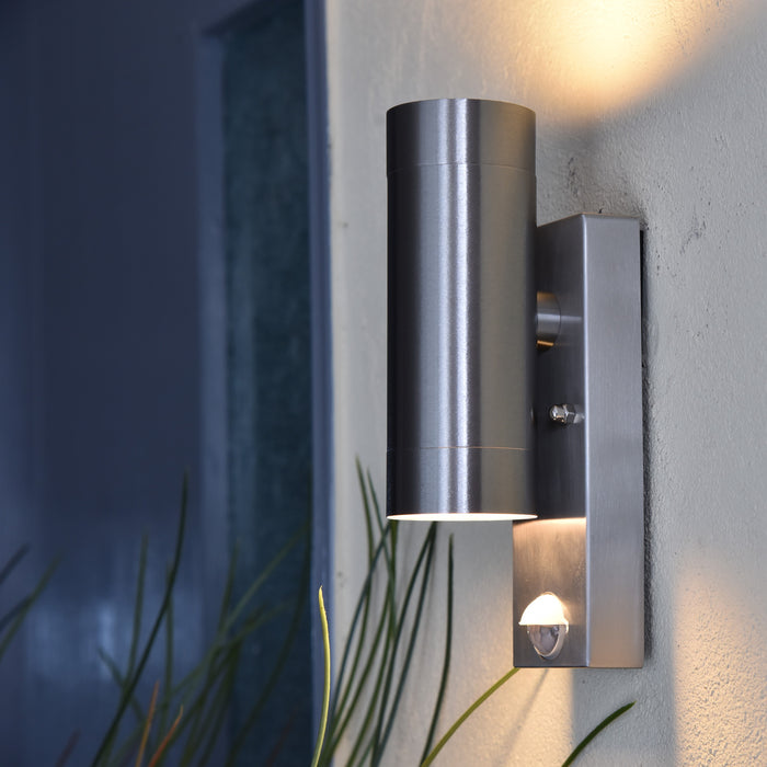 Lutec 5510809001 RADO IP44 GU10 Outdoor Up/Down Wall Light with PIR - Stainless Steel (Lamp Not Included)
