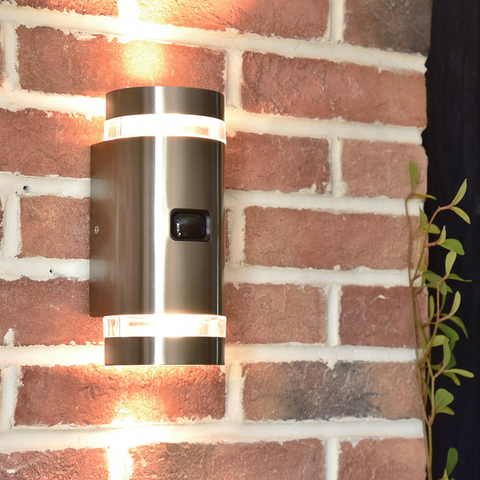 Lutec 5604024001 FOCUS IP44 GU10 Outdoor Up/Down Wall Light with PIR - Stainless Steel (Lamp Not Included)