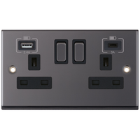 Selectric 7MPRO-463 7M-PRO 2 Gang 13A Switched Socket Outlet with 1x USB Type-A (2.4A) & 1x USB Type-C (3A) - Black Nickel, Black Insert