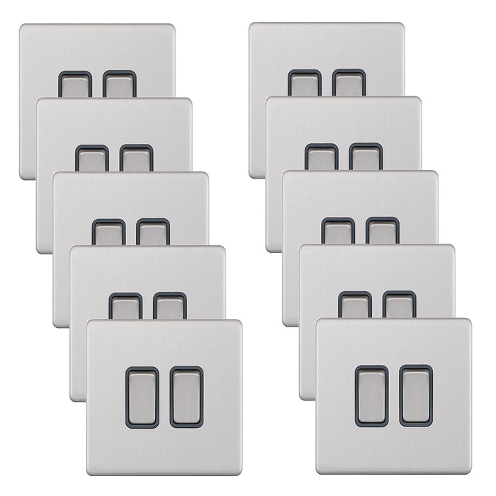 Selectric 5MPLUS-102 5M-PLUS Screwless 2 Gang 2 Way 10AX Plate Switch - Satin Chrome, Grey Insert (Pack 10)