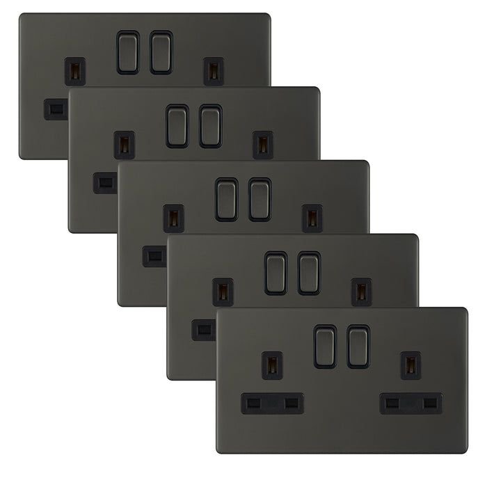 Selectric 5MPLUS-12-22 5M-PLUS Screwless 2 Gang 13A Switched DP Socket Outlet with 2 Earth Terminals - Dark Bronze, Black Insert (Pack 5)