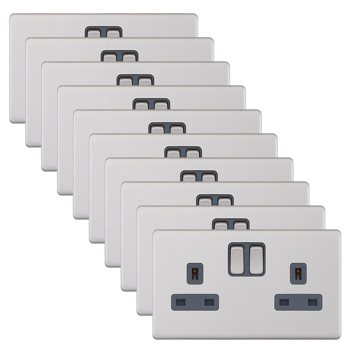 Selectric 5MPLUS-151 5M-PLUS Screwless 2 Gang 13A Switched SP Socket Outlet - Satin Chrome, Grey Insert (Pack 10)
