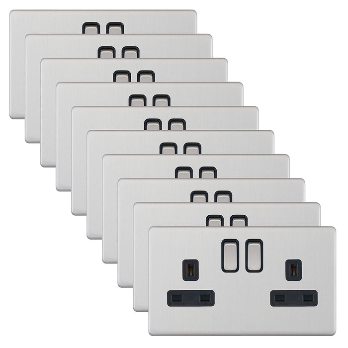 Selectric 5MPLUS-222 5M-PLUS Screwless 2 Gang 13A Switched DP Socket Outlet with 2 Earth Terminals - Satin Chrome, Black Insert (Pack 10)