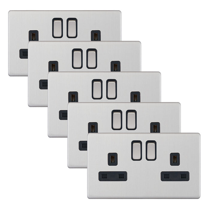 Selectric 5MPLUS-222 5M-PLUS Screwless 2 Gang 13A Switched DP Socket Outlet with 2 Earth Terminals - Satin Chrome, Black Insert (Pack 5)