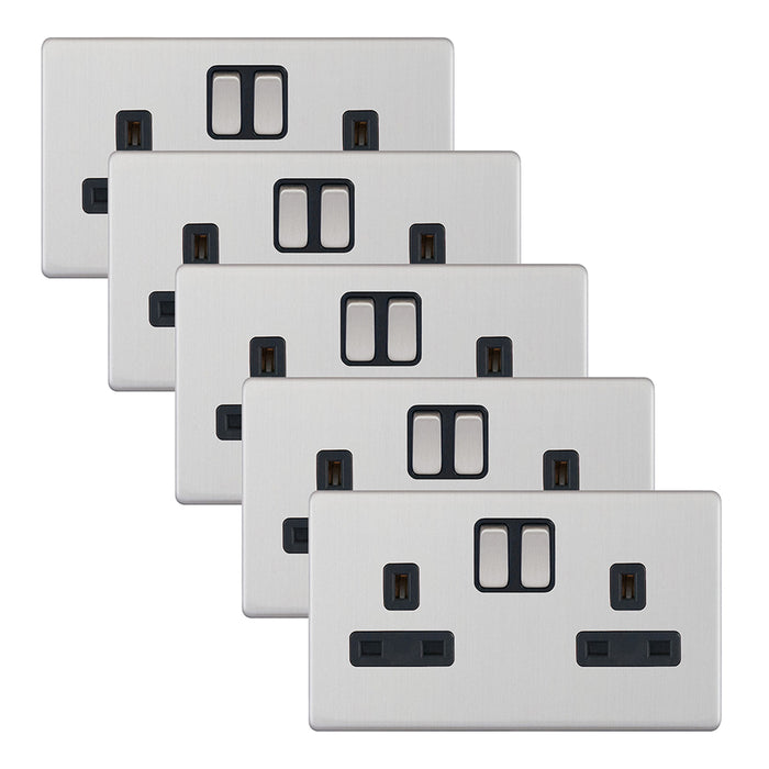 Selectric 5MPLUS-251 5M-PLUS Screwless 2 Gang 13A Switched SP Socket Outlet - Satin Chrome, Black Insert (Pack 5)