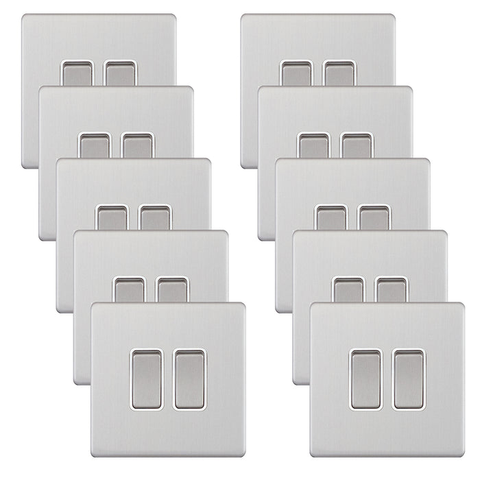 Selectric 5MPLUS-702 5M-PLUS Screwless 2 Gang 2 Way 10AX Plate Switch - Satin Chrome, White Insert (Pack 10)