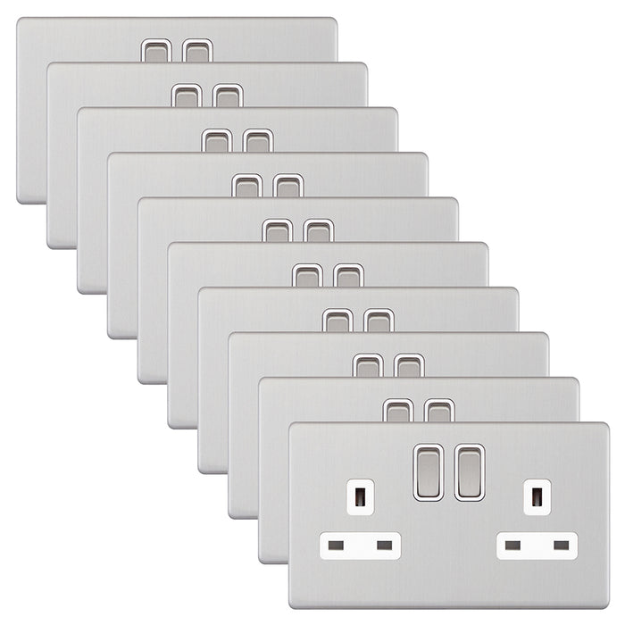 Selectric 5MPLUS-722 5M-PLUS Screwless 2 Gang 13A Switched DP Socket Outlet with 2 Earth Terminals - Satin Chrome, White Insert (Pack 10)