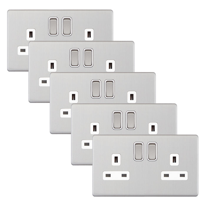 Selectric 5MPLUS-722 5M-PLUS Screwless 2 Gang 13A Switched DP Socket Outlet with 2 Earth Terminals - Satin Chrome, White Insert (Pack 5)