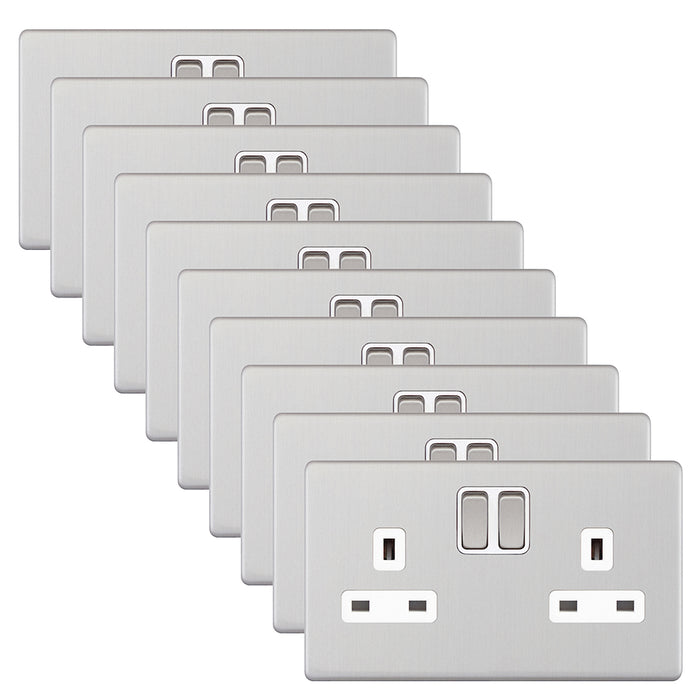 Selectric 5MPLUS-751 5M-PLUS Screwless 2 Gang 13A Switched SP Socket Outlet - Satin Chrome, White Insert (Pack 10)