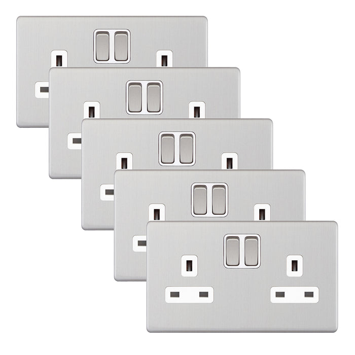 Selectric 5MPLUS-751 5M-PLUS Screwless 2 Gang 13A Switched SP Socket Outlet - Satin Chrome, White Insert (Pack 5)