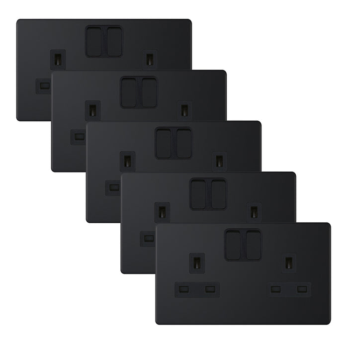 Selectric 5MPLUS-851 5M-PLUS Screwless 2 Gang 13A Switched SP Socket Outlet - Matt Black, Black Insert (Pack 5)