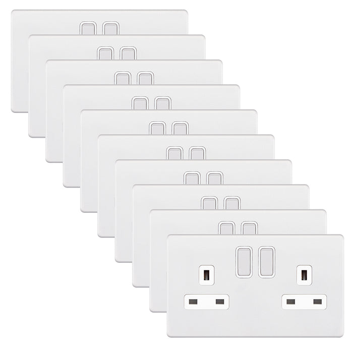 Selectric 5MPLUS-922 5M-PLUS Screwless 2 Gang 13A Switched DP Socket Outlet with 2 Earth Terminals - Matt White, White Insert (Pack 10)