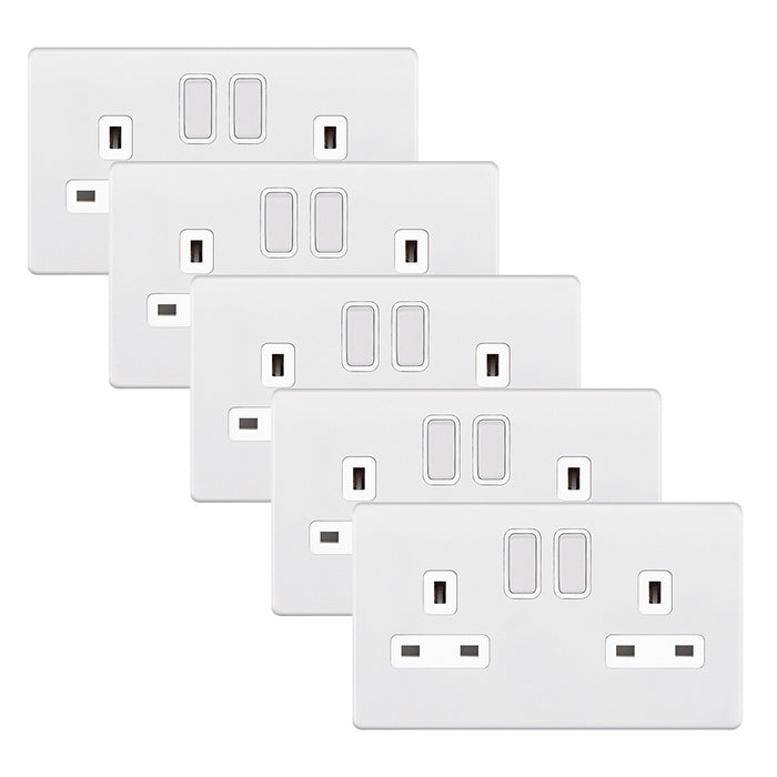 Selectric 5MPLUS-922 5M-PLUS Screwless 2 Gang 13A Switched DP Socket Outlet with 2 Earth Terminals - Matt White, White Insert (Pack 5)