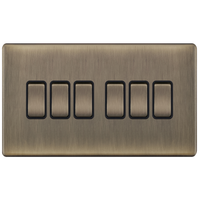 Selectric 5MPLUS-605 5M-PLUS Screwless 6 Gang 2 Way 10AX Plate Switch - Antique Brass, Black Insert