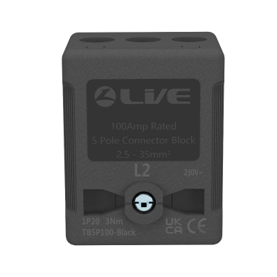 LIVE Electrical TB5P100-BLACK 5 Way 100A Rated Terminal Block Black, Terminal Capacity up to 35mm2