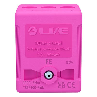 LIVE Electrical TB5P100-PINK 5 Way 100A Rated Terminal Block Pink, Terminal Capacity up to 35mm2 - westbasedirect.com