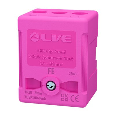 LIVE Electrical TB5P100-PINK 5 Way 100A Rated Terminal Block Pink, Terminal Capacity up to 35mm2 - westbasedirect.com