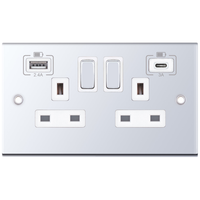 Selectric DSL363 5M 2 Gang 13A Switched Socket Outlet with 1x USB Type-A (2.4A) & 1x USB Type-C (3A) - Polished Chrome, White Insert