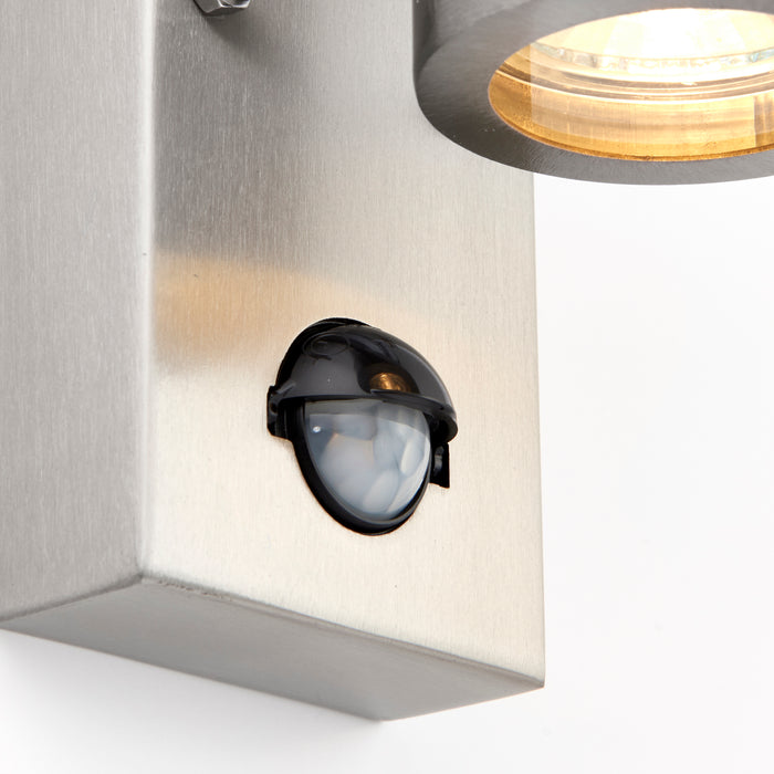 Saxby 75430 Palin PIR 2lt wall IP44 7W Brushed stainless steel & clear glass 2 x 7W LED GU10 (Required) - westbasedirect.com