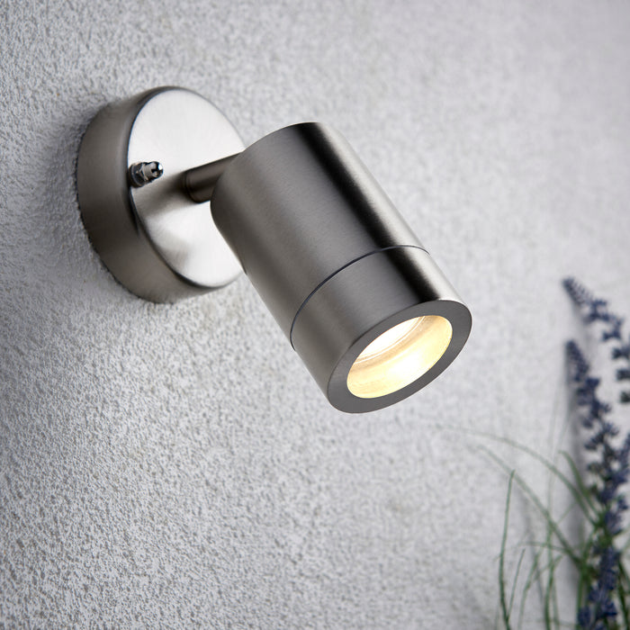 Saxby 75448 Palin 1lt spot wall IP44 7W Brushed stainless steel & clear glass 7W LED GU10 (Required) - westbasedirect.com