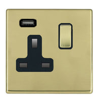 Hamilton 7G21SS1USBPB-B Hartland G2 Screwless 1G 13A SP Switched Socket with 1x USB Type-A (2.1A) - Polished Brass, Black Insert