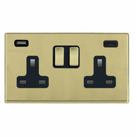 Hamilton 7G21SS2USBCPB-B Hartland G2 Screwless 2G 13A DP Switched Socket with 1x USB Type-A & 1x USB Type-C (2.4A) - Polished Brass, Black Insert
