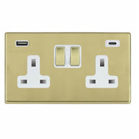 Hamilton 7G21SS2USBCPB-W Hartland G2 Screwless 2G 13A DP Switched Socket with 1x USB Type-A & 1x USB Type-C (2.4A) - Polished Brass, White Insert